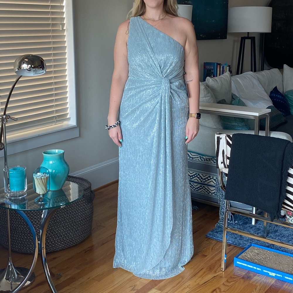 One Shoulder Metallic Pleated Knit Gown